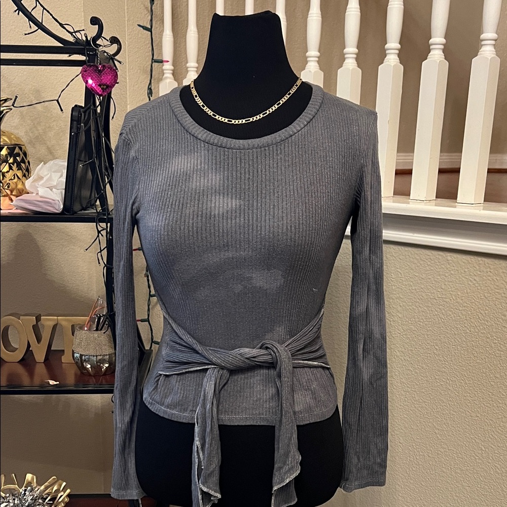 Zara Charcoal Long Sleeve Tie-Front Blouse